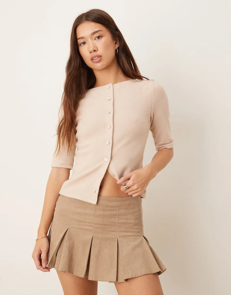  Asos Design Neat Fit Half Sleeve Button Through Top In Oatmeal Neutral 