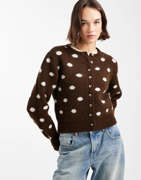  Asos Design Neat Fit Polka Dot Cardigan In Brown 