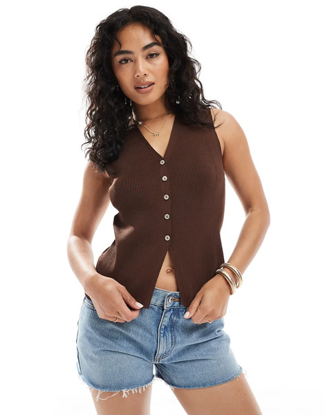  Asos Design Neat Fit Waistcoat With Split Front In Brown 