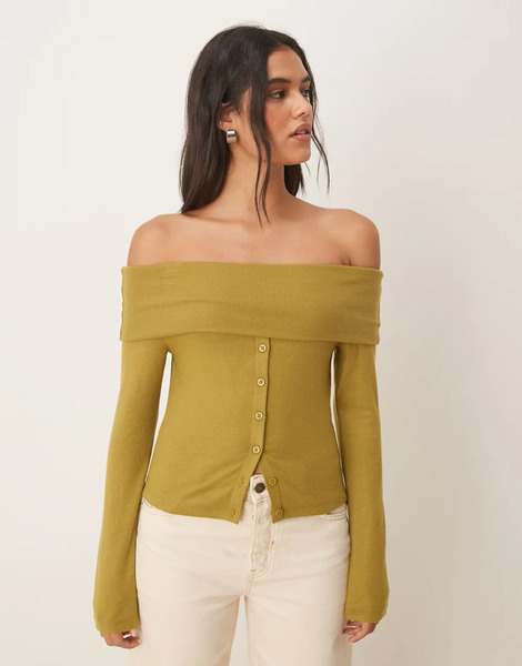  Asos Design Off Shoulder Button Down Top In Olive Green 