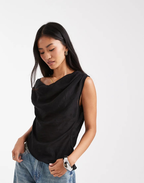  Asos Design Off Shoulder Drape Sheer Top In Black 