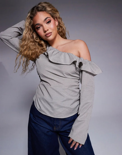  Asos Design Off Shoulder Frill Top In Check Multi 