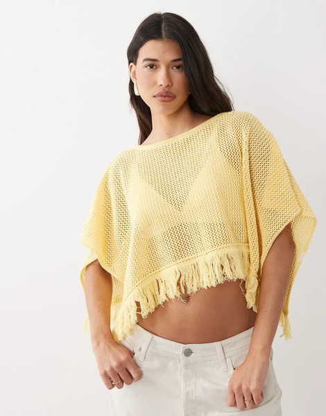  Asos Design Open Knit Fringe Cape In Buttermilk Yellow 