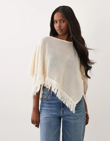  Asos Design Open Knit Fringe Cape In Ecru White 