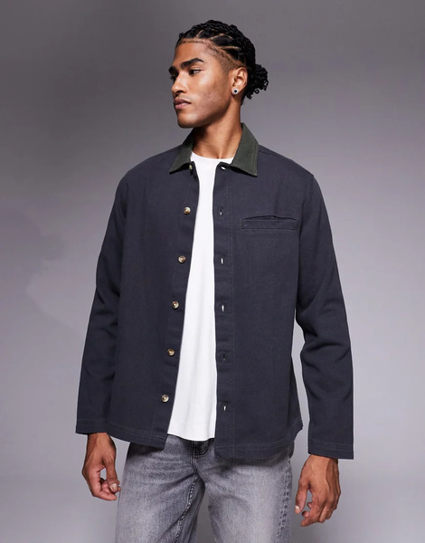  Asos Design Overshirt With Contrast Collar In Black 