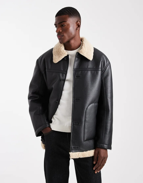  Asos Design Oversized Aviator Jacket With Contrast Collar In Black 