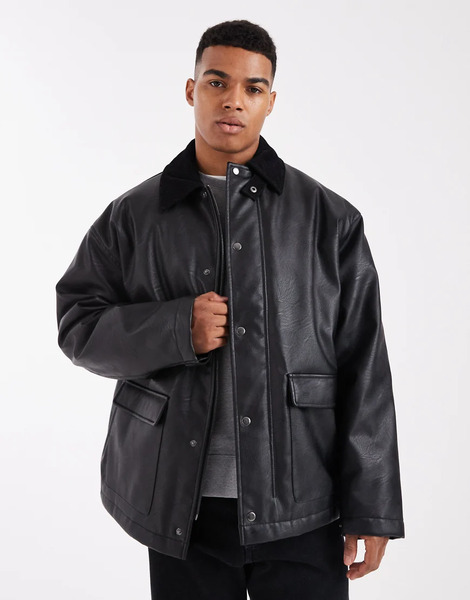  Asos Design Oversized Barn Jacket With Cord Collar In Black 