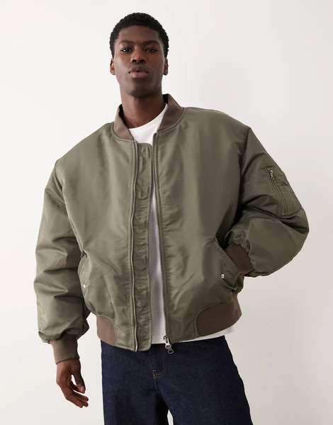  Asos Design Oversized Bomber Jacket In Khaki Green 