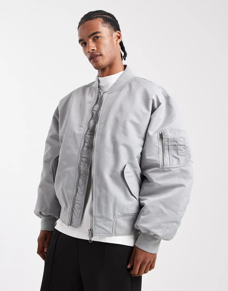  Asos Design Oversized Bomber Jacket In Silver 