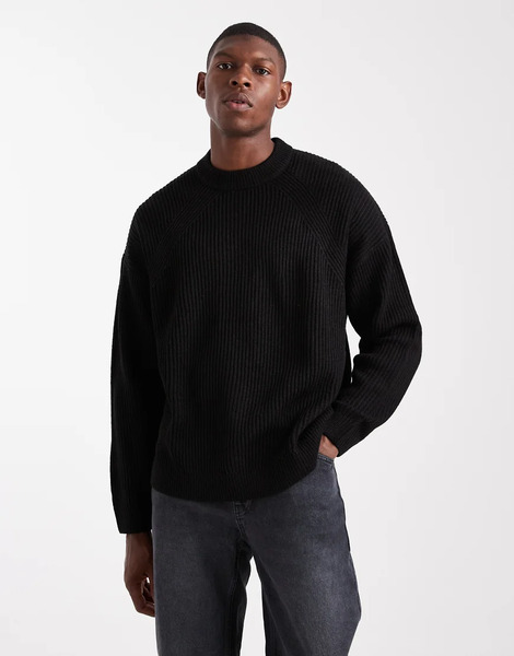  Asos Design Oversized Boxy Fit Knitted Fisherman Rib Jumper In Black 