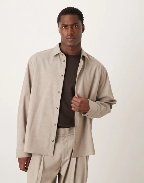  Asos Design Oversized Boxy Suit Jacket In Neutral Pinstripe 
