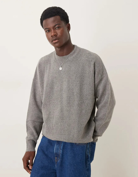  Asos Design Oversized Brushed Knitted Crew Neck Jumper In Grey 