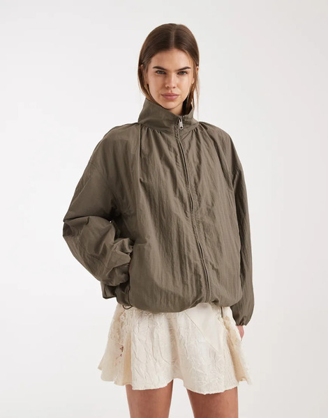  Asos Design Oversized Bubble Hem Track Jacket In Mushroom Green 