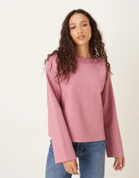  Asos Design Oversized Button Detail Long Sleeve In Dusty Rose Multi 
