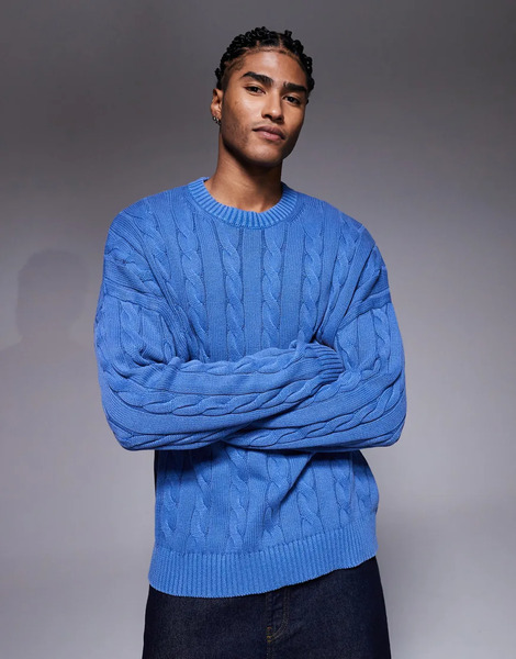  Asos Design Oversized Cable Knitted Jumper In Washed Blue 