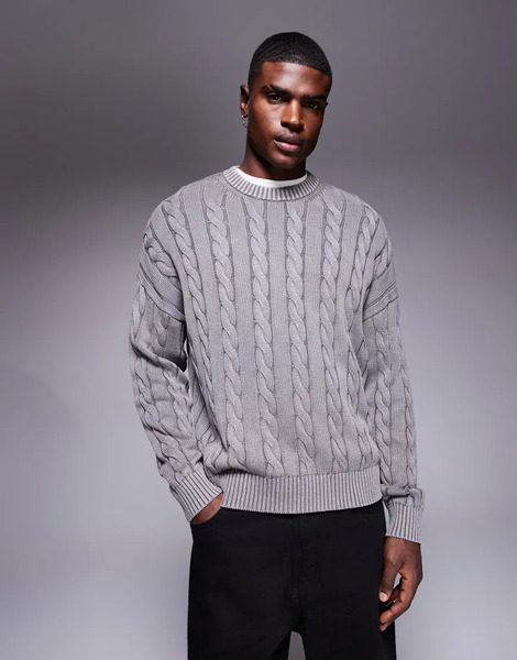  Asos Design Oversized Cable Knitted Jumper In Washed Grey 
