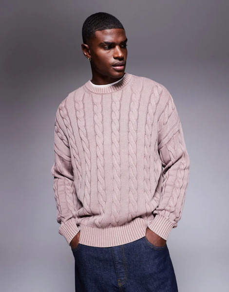  Asos Design Oversized Cable Knitted Jumper In Washed Pink 