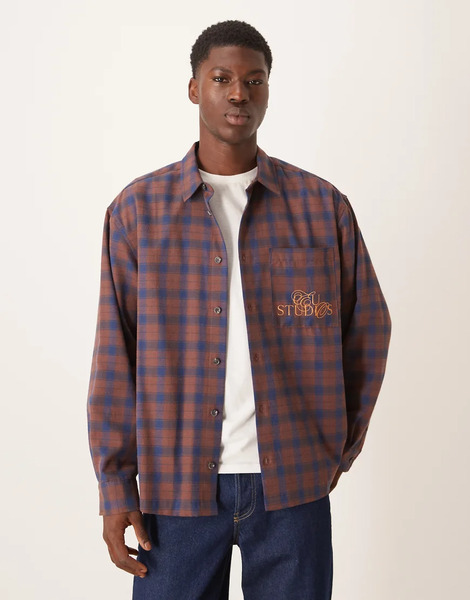  Asos Design Oversized Check Shirt With Chest Embroidery In Rust Brown 