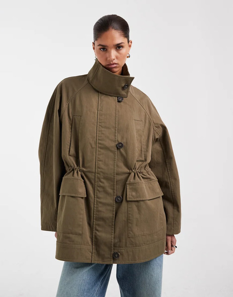  Asos Design Oversized Cinched Waist Parka Jacket In Khaki Green 