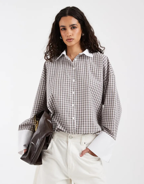  Asos Design Oversized Contrast Cuff Shirt In Check Co Ord Multi 