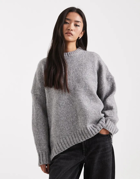  Asos Design Oversized Crew Neck Jumper With Curved Hem In Grey 