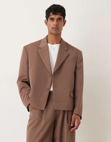  Asos Design Oversized Cropped Suit Jacket In Brown 