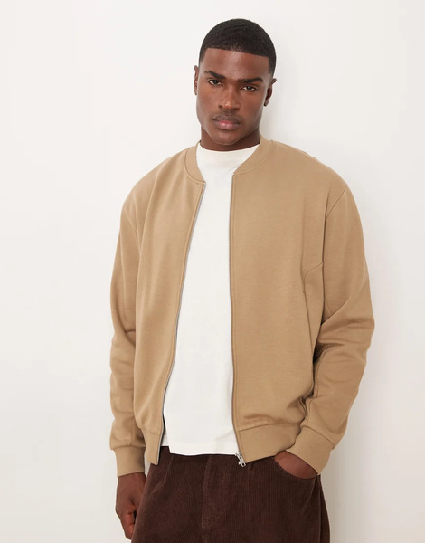  Asos Design Oversized Drop Shoulder Jersey Bomber Jacket In Beige Neutral 