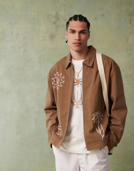  Asos Design Oversized Embroidered Harrington Jacket In Camel Brown 