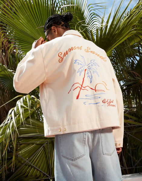  Asos Design Oversized Embroidered Harrington Jacket In Ecru White 