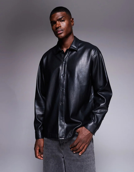  Asos Design Oversized Faux Leather Shirt In Black 