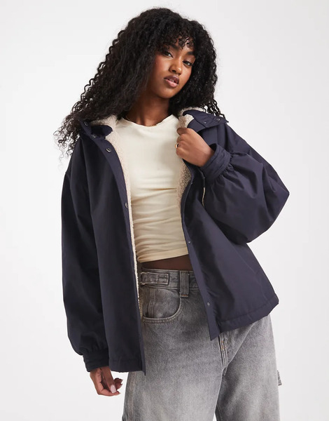  Asos Design Oversized Fleece Lined Rain Coat In Navy Green 