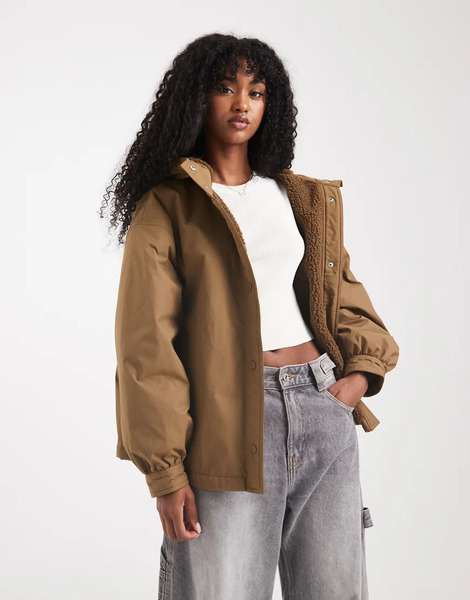  Asos Design Oversized Fleece Lined Rain Coat In Olive Brown 