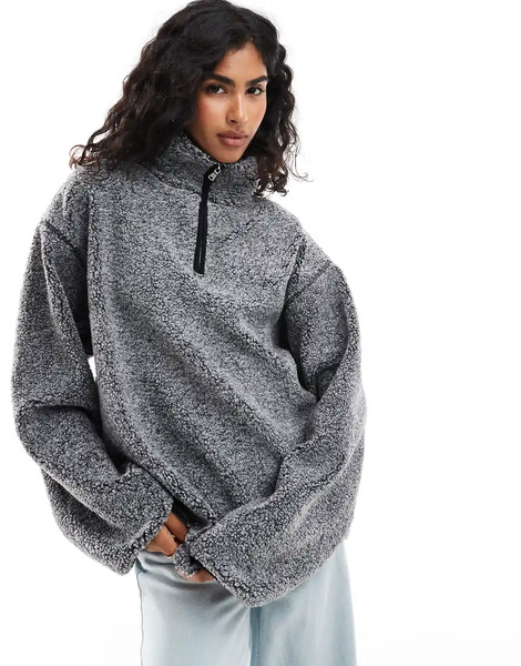  Asos Design Oversized Half Zip Borg Fleece In Grey Marl 