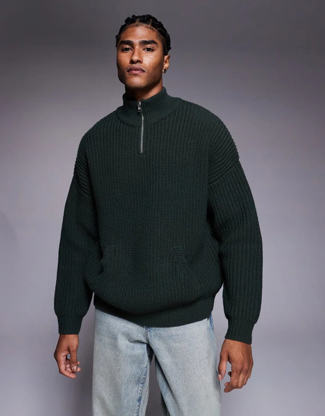  Asos Design Oversized Heavyweight Knitted Half Zip Jumper In Khaki Neutral 