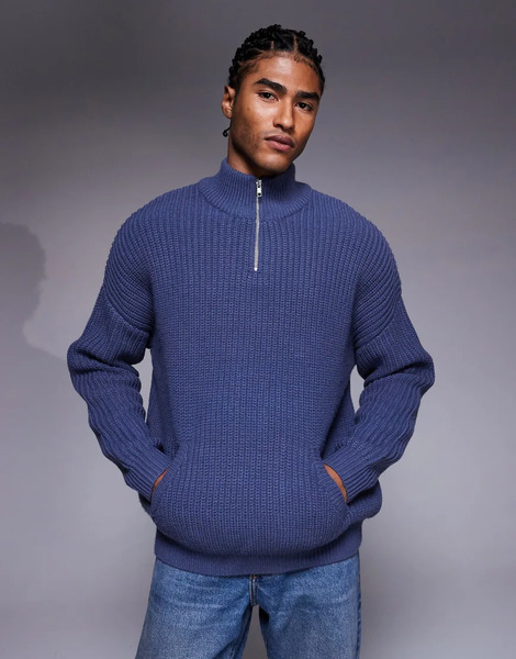  Asos Design Oversized Heavyweight Knitted Half Zip Jumper In Navy 