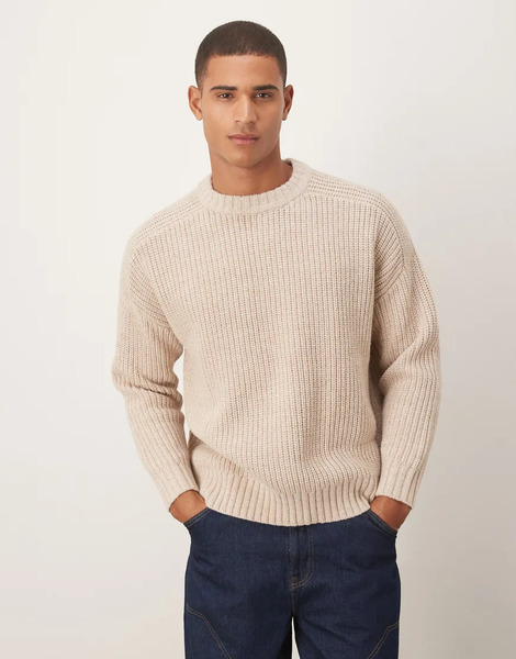  Asos Design Oversized Heavyweight Knitted Wool Blend Rib Jumper In Beige Marl Neutral 
