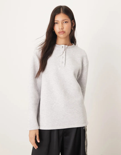  Asos Design Oversized Henley Sweat In Grey Marl 