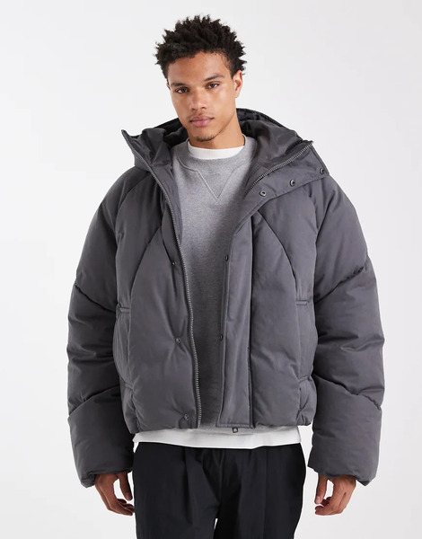  Asos Design Oversized Hooded Puffer Jacket In Grey 