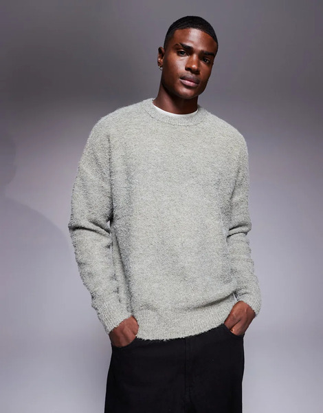  Asos Design Oversized Knitted Boucle Crew Neck Jumper In Sage Green 