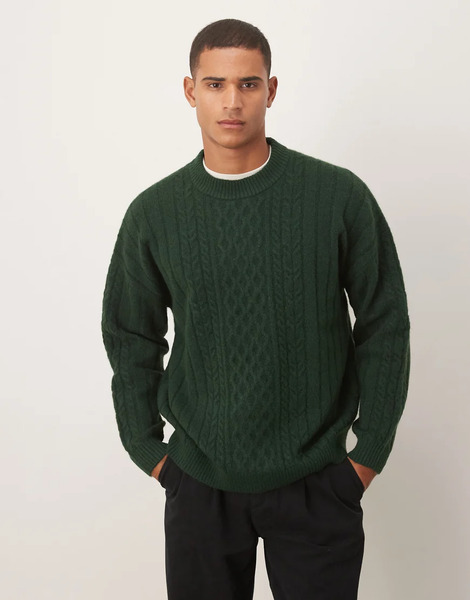  Asos Design Oversized Knitted Cable Crew Neck Jumper In Dark Green 