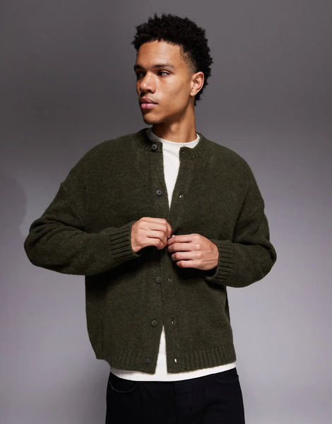  Asos Design Oversized Knitted Crew Neck Cardigan In Green 