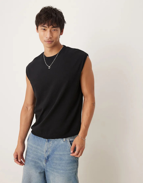  Asos Design Oversized Knitted Crew Neck Vest In Black 