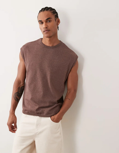  Asos Design Oversized Knitted Crew Neck Vest In Brown 