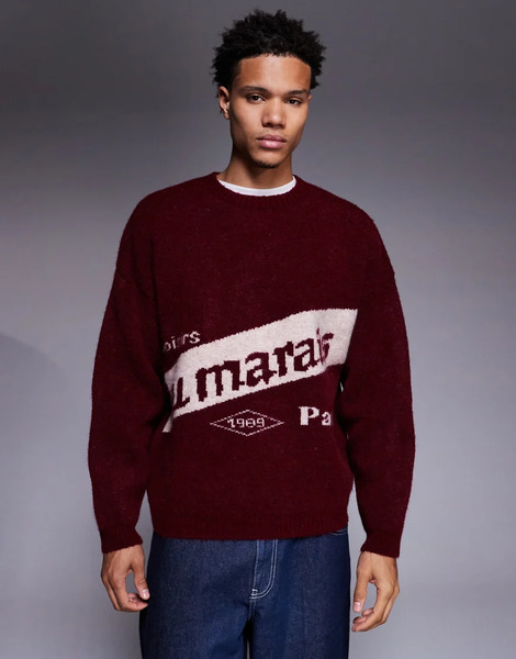  Asos Design Oversized Knitted Graphic Jumper In Burgundy Red 