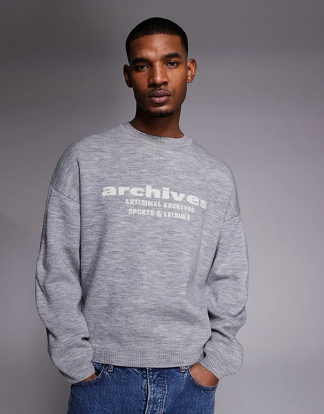  Asos Design Oversized Knitted Jumper With Achieves Graphic In Grey 