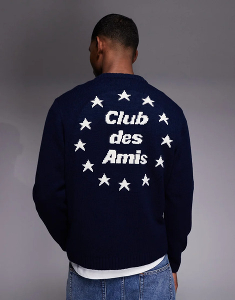  Asos Design Oversized Knitted Jumper With Embroidery In Navy 