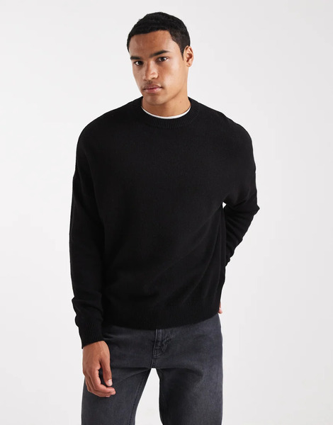 Asos Design Oversized Knitted Lambswool Crew Neck Jumper In Black 