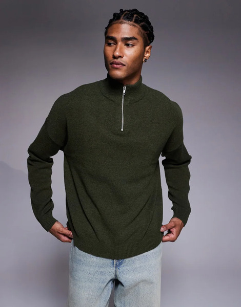  Asos Design Oversized Knitted Lambswool Half Zip Jumper In Khaki Marl Green 