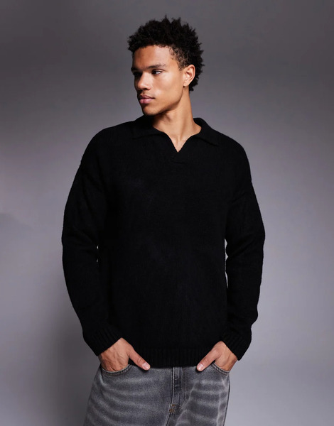  Asos Design Oversized Knitted Notch Neck Polo In Black 