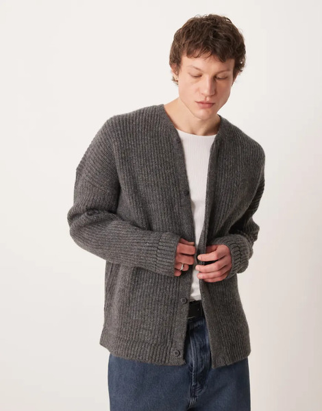  Asos Design Oversized Knitted Ribbed Cardigan In Grey 
